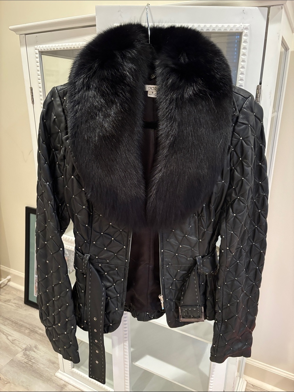 Cache Black Quilted Leather Jacket with Fur Collar